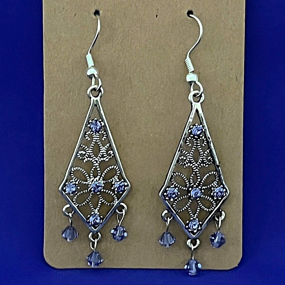 Swarovski Purple Crystal Earrings, Silver Filigree Chandeliers NWT